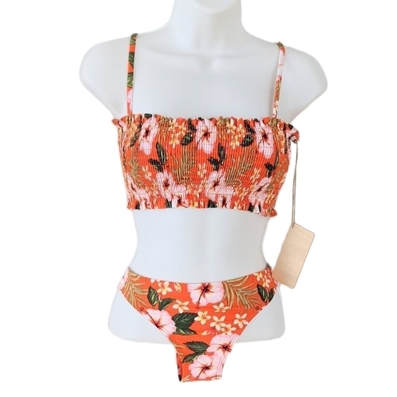 CABANA del sol smacked top tropical flowers orange pink swimsuit size Small New - Picture 1 of 6